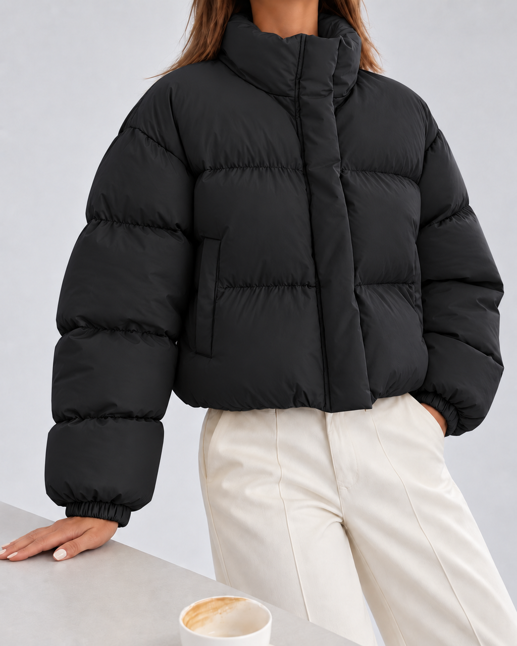 Damska kurtka puchowa zimowa – krótka, ze stójką, oversize