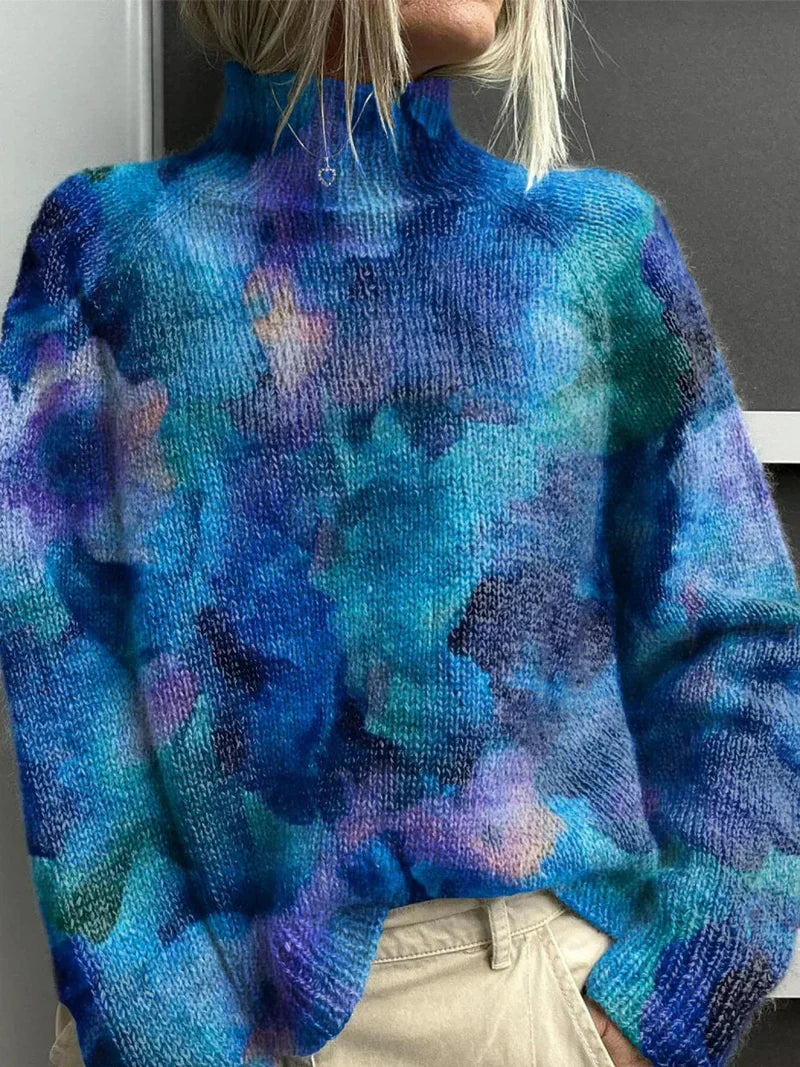 Damski sweter – z golfem, leśny motyw