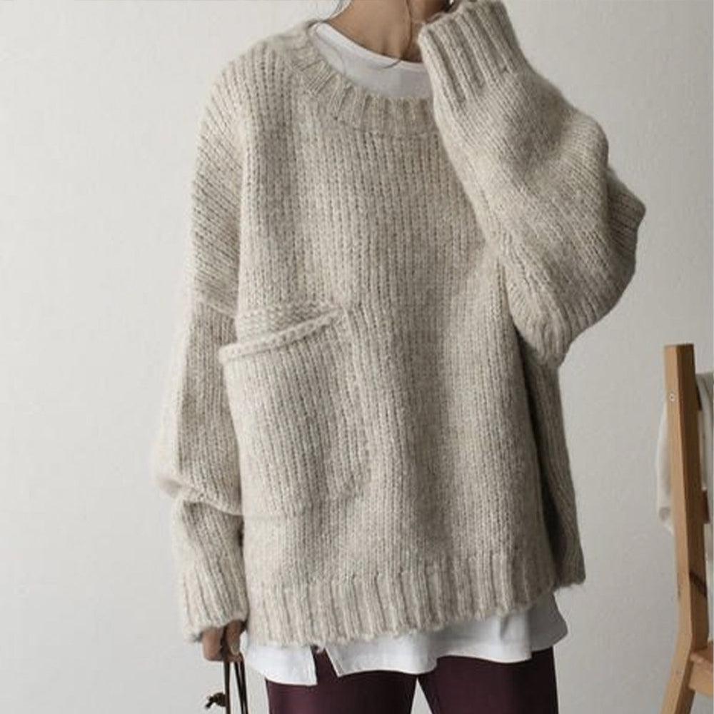 Damski sweter – oversize, z kieszenią, gruby splot
