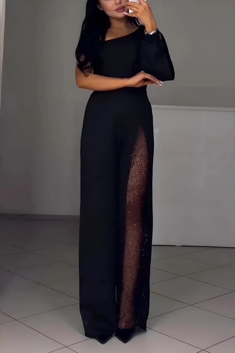 Czarny Kombinezon Damski | Elegancki Styl z Szerokimi Nogawkami, Na Wesele 1