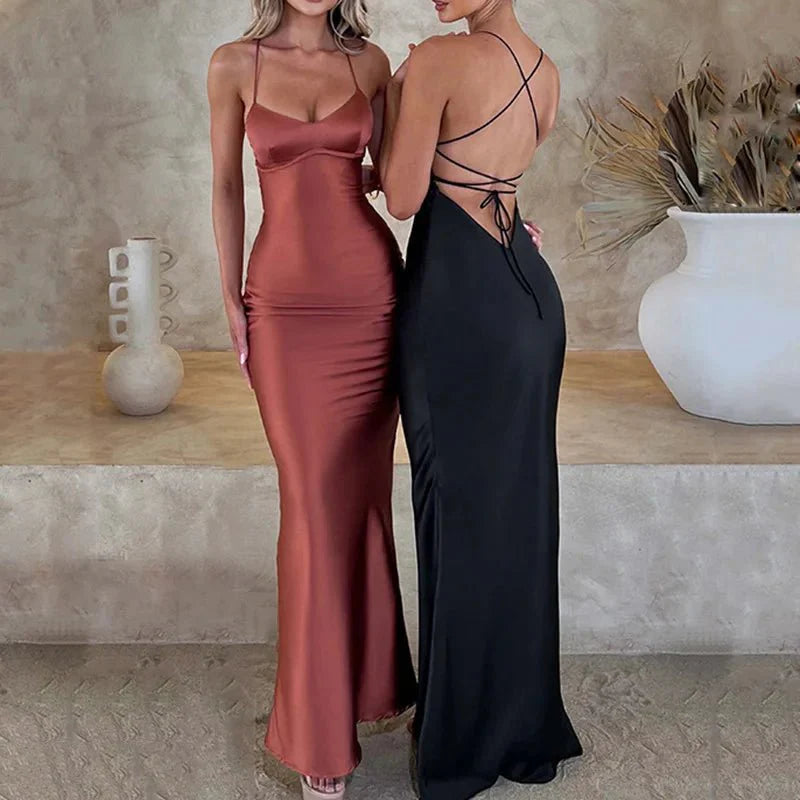 Damska satynowa maxi sukienka bodycon-Bodycon Dresses-Mason Luxor-Moda Perla