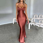 Damska satynowa maxi sukienka bodycon-Bodycon Dresses-Mason Luxor-Brązowy-S-Moda Perla