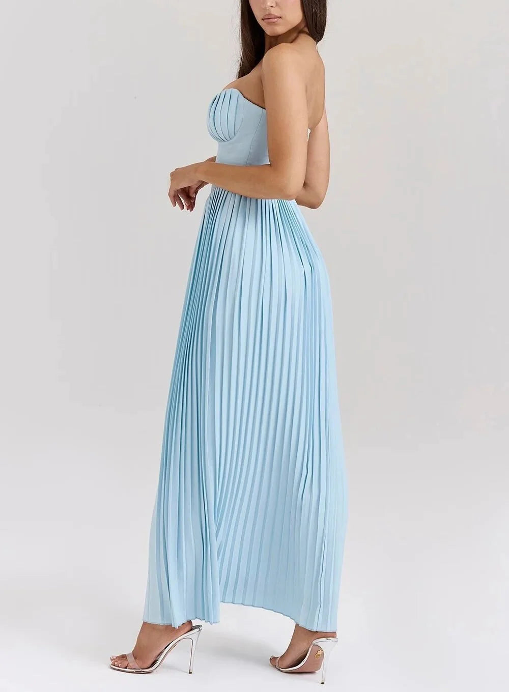 Długa plisowana sukienka gorsetowa bez ramiączek – elegancka suknia wieczorowa-Maxi Dresses-Mason Luxor-Moda Perla