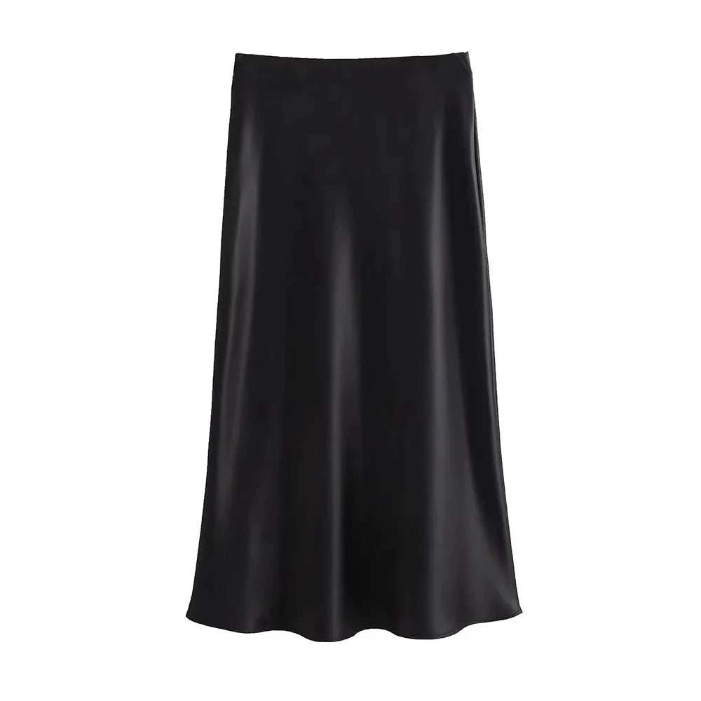 Elegancka Satynowa Spódnica Midi dla Kobiet-Skirts-Moda Perla-Czarny-XS-Moda Perla