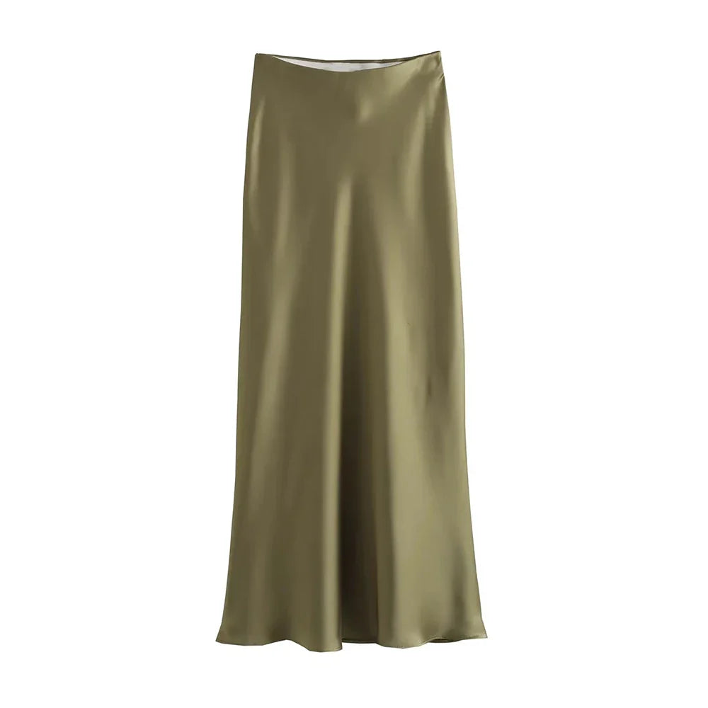 Elegancka Satynowa Spódnica Midi dla Kobiet-Skirts-Moda Perla-Jasnozielony-XS-Moda Perla