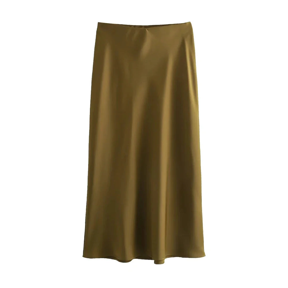 Elegancka Satynowa Spódnica Midi dla Kobiet-Skirts-Moda Perla-Zielony-XS-Moda Perla