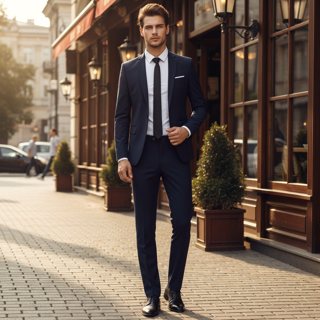 Męski garnitur – dwuczęściowy, slim fit, elegancki