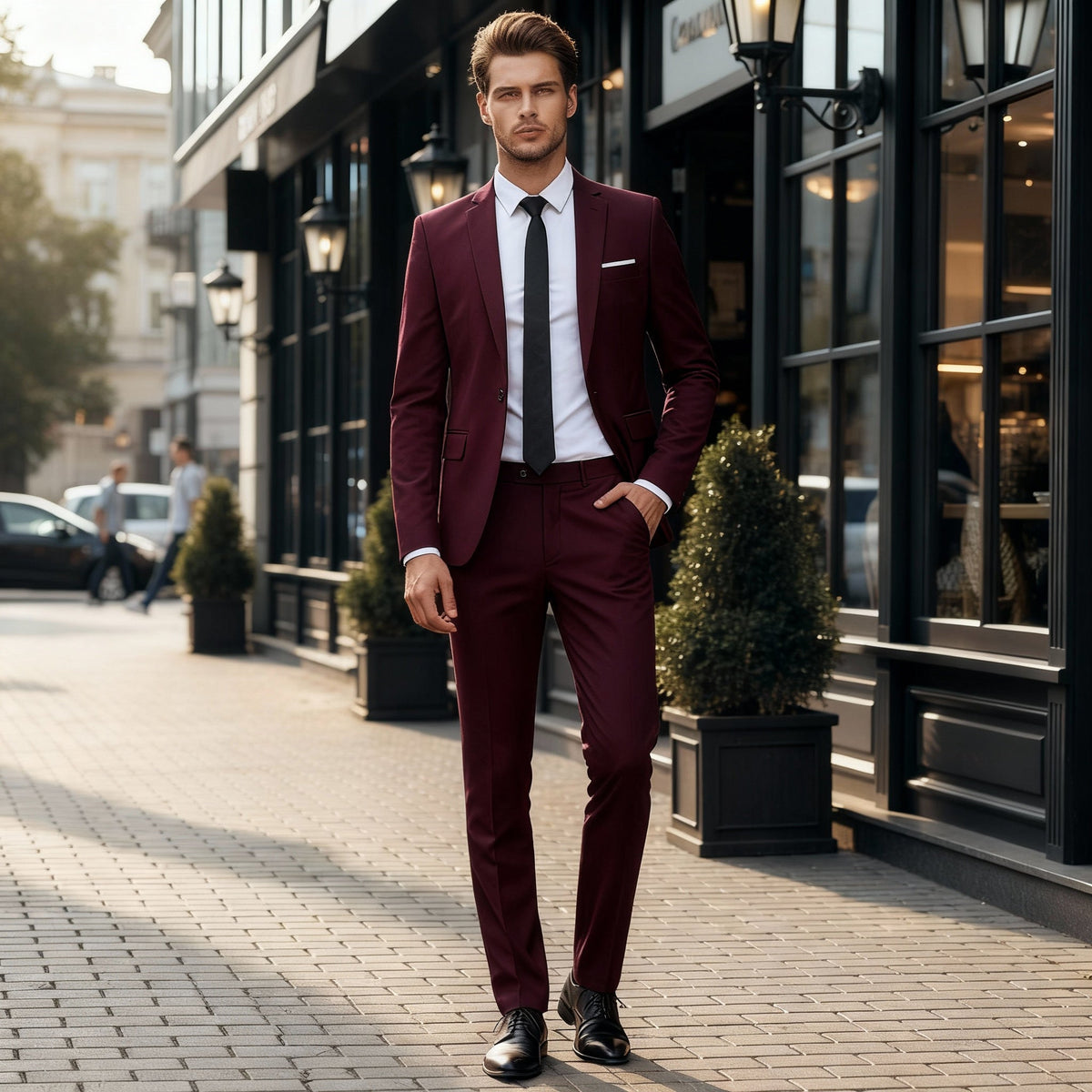 Męski garnitur – dwuczęściowy, slim fit, elegancki