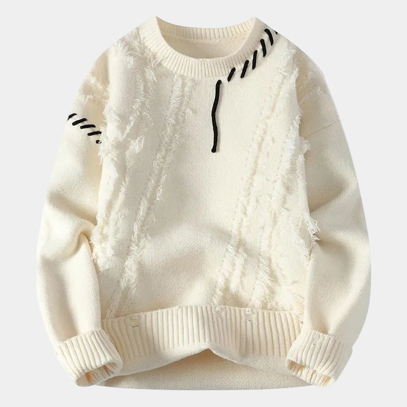 Męski sweter – okrągły dekolt, ze strzępieniami