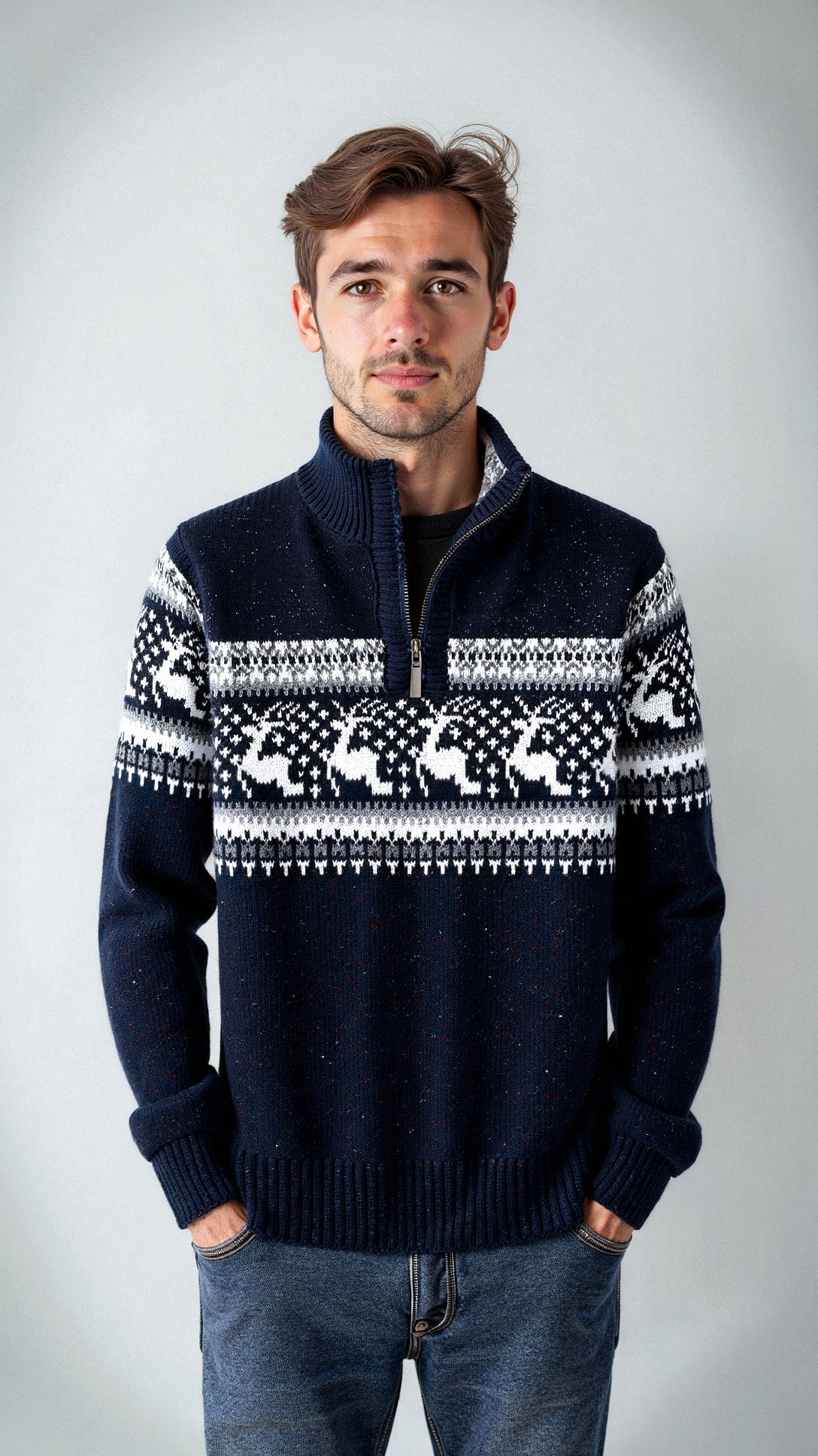 Męski sweter świąteczny – norweski wzór, z zamkiem