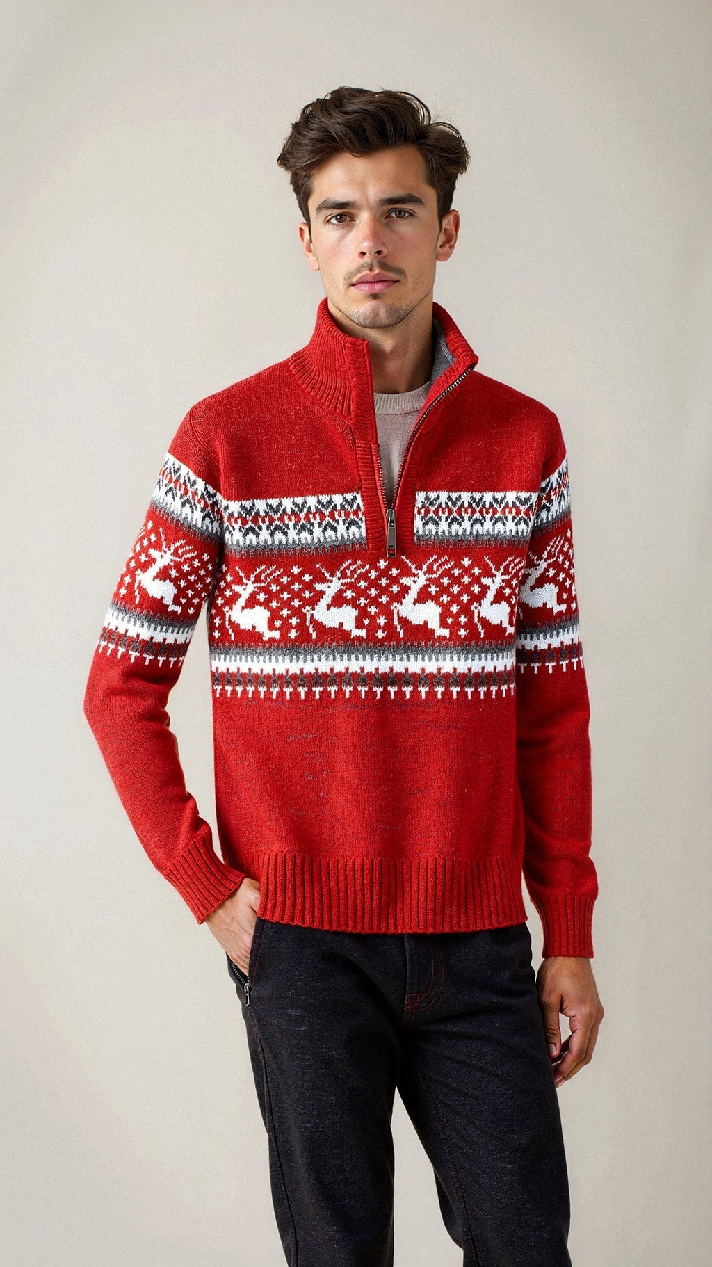 Męski sweter świąteczny – norweski wzór, z zamkiem