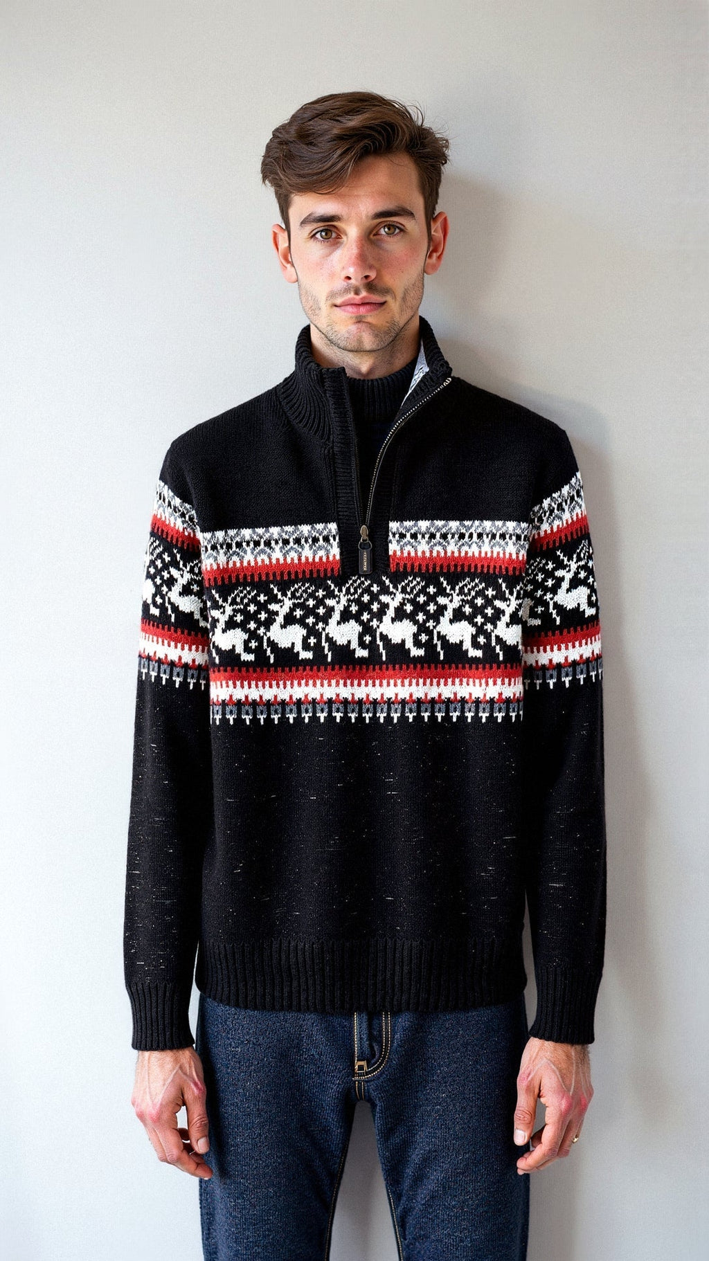 Męski sweter świąteczny – norweski wzór, z zamkiem