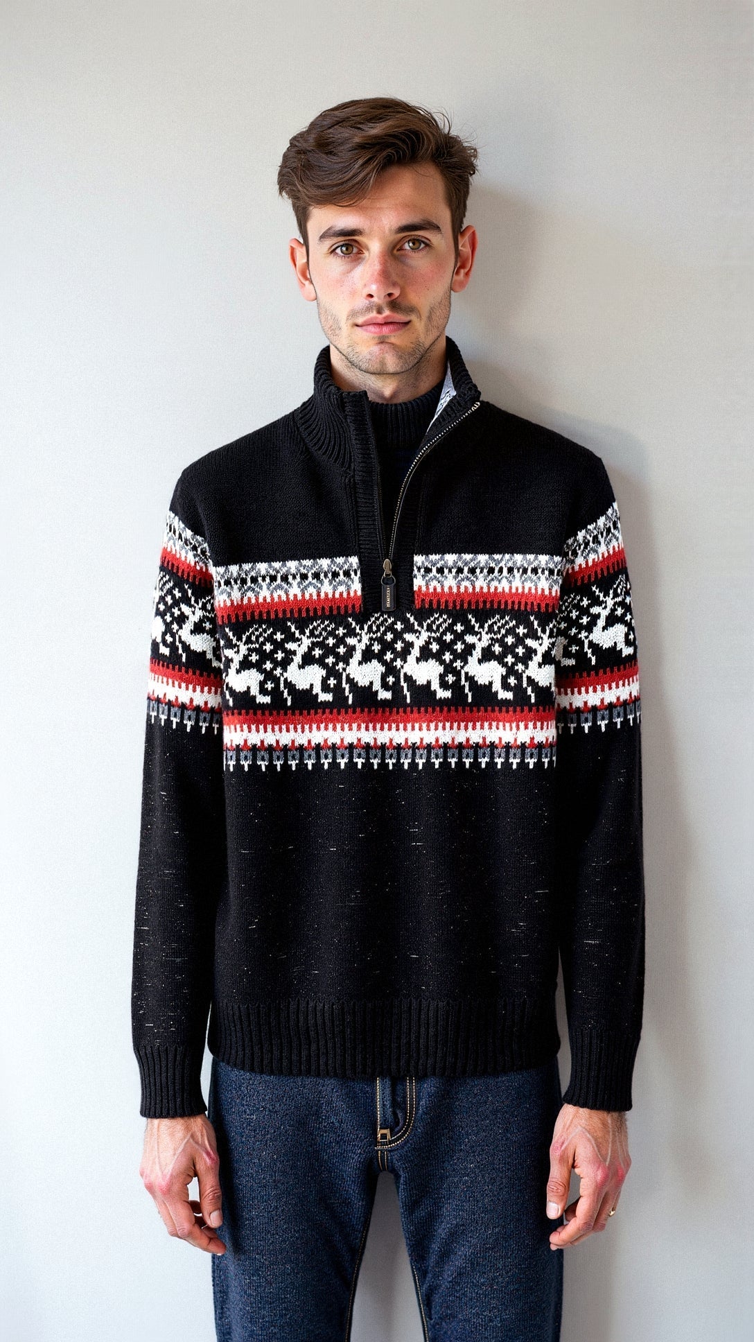 Męski sweter świąteczny – norweski wzór, z zamkiem