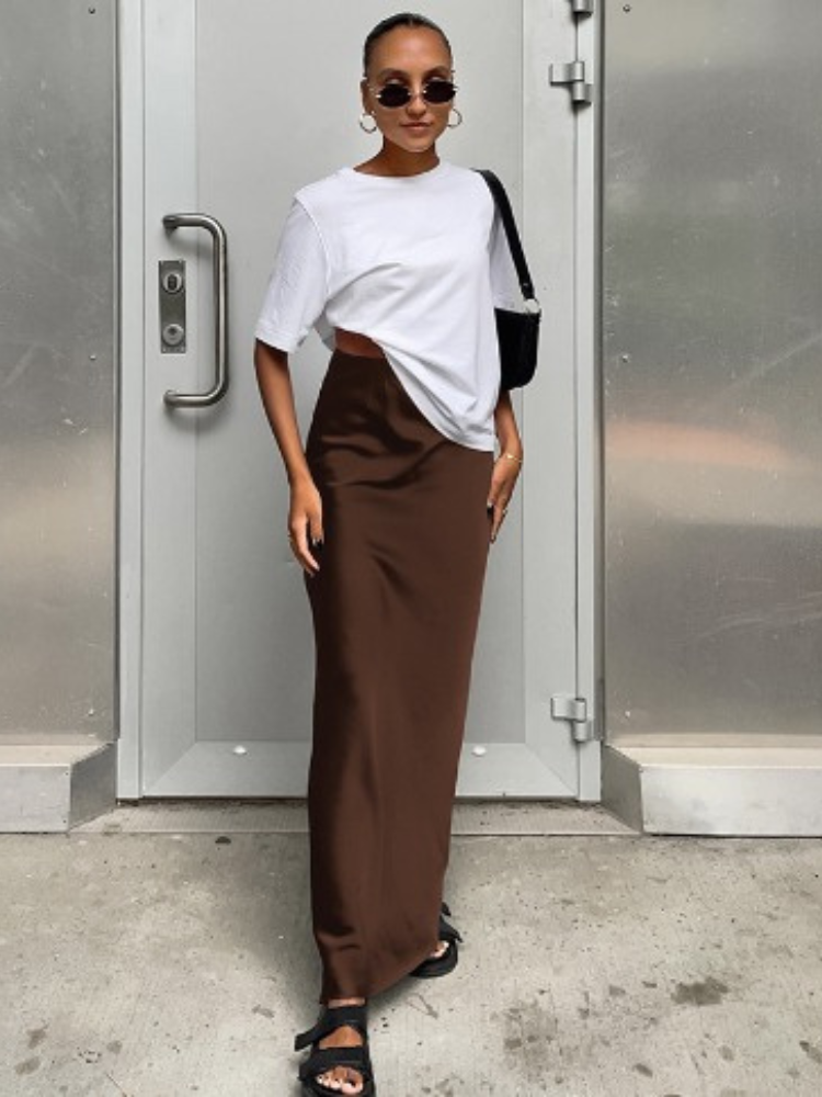 Luksusowa Satynowa Spódnica Maxi dla Kobiet-Skirts-Moda Perla-Czekoladowy-S-Moda Perla