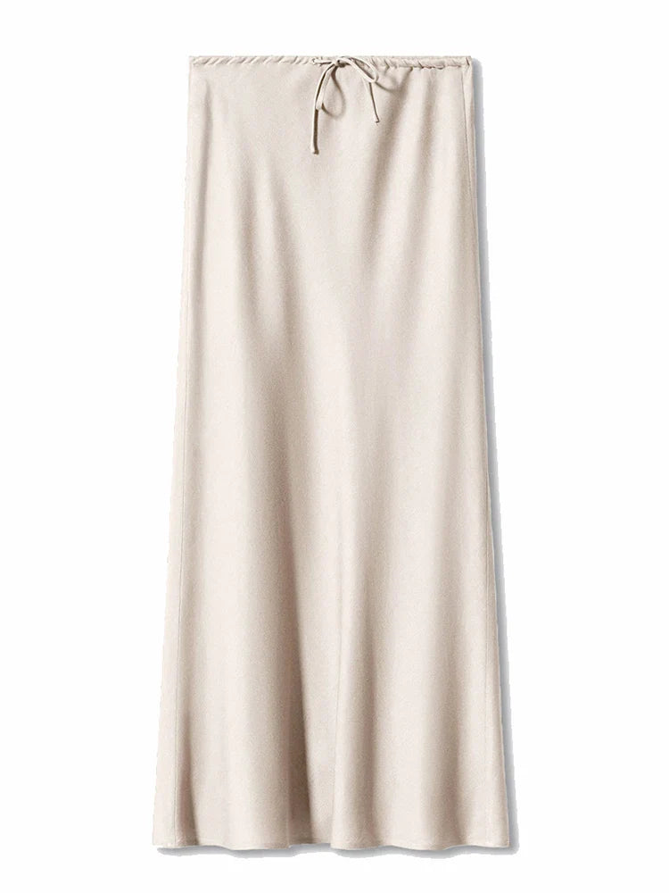 Satynowa Spódnica Maxi z Wysokim Stanem z Jedwabiu Ice-skirts-Moda Perla-Beżowy-S-Moda Perla