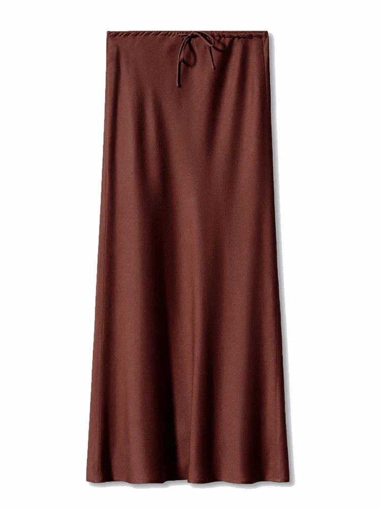 Satynowa Spódnica Maxi z Wysokim Stanem z Jedwabiu Ice-skirts-Moda Perla-Czekoladowy-S-Moda Perla