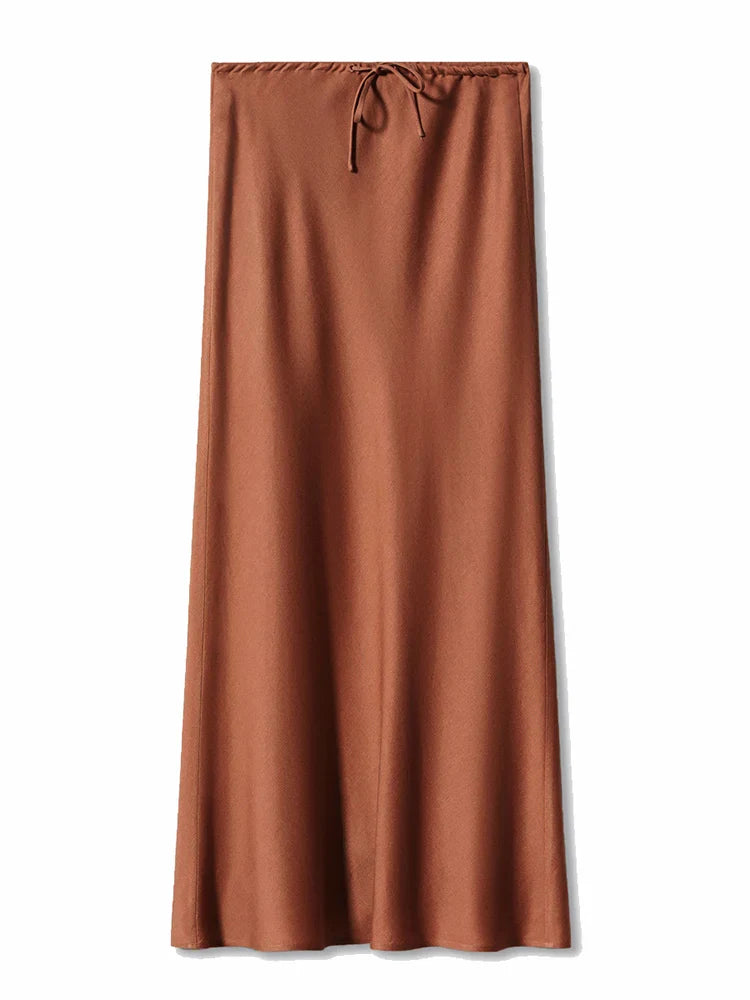 Satynowa Spódnica Maxi z Wysokim Stanem z Jedwabiu Ice-skirts-Moda Perla-Miedziany-S-Moda Perla