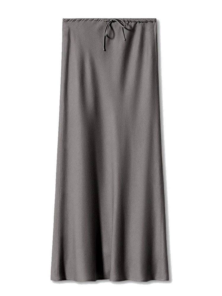 Satynowa Spódnica Maxi z Wysokim Stanem z Jedwabiu Ice-skirts-Moda Perla-Szary-S-Moda Perla