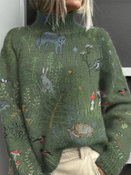 Damski sweter – z golfem, leśny motyw