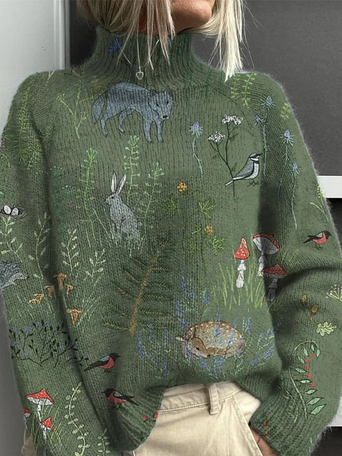 Damski sweter – z golfem, leśny motyw