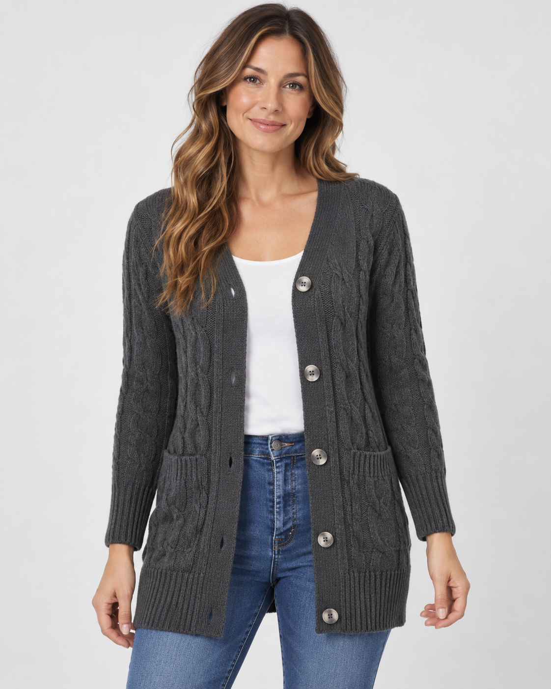Damski kardigan długi – warkoczowy splot, z kieszeniami