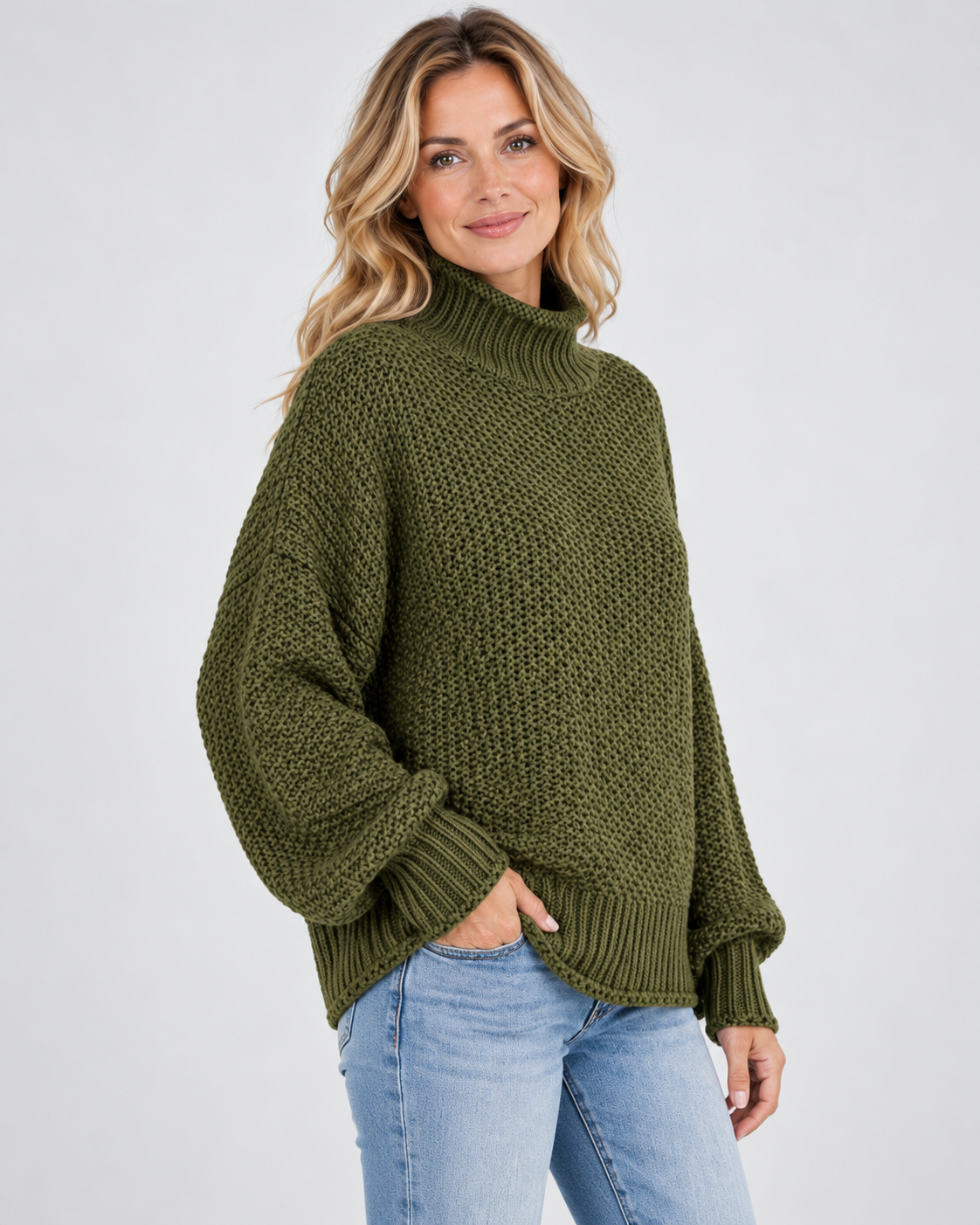 Damski sweter z golfem – gruby splot, luźny krój