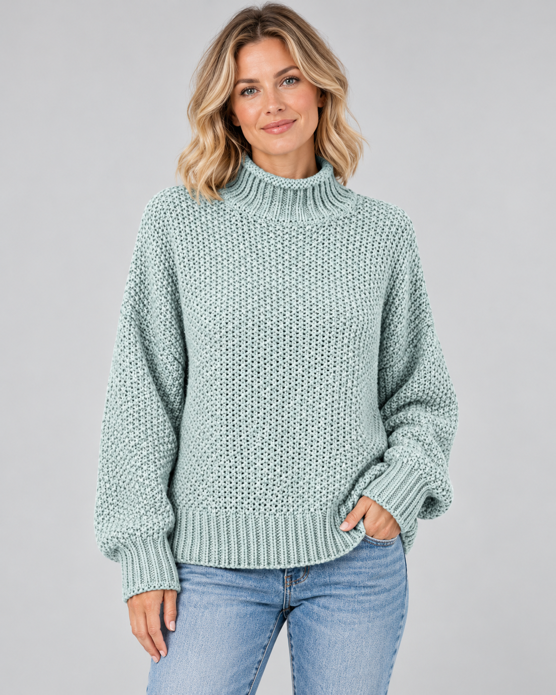Damski sweter z golfem – gruby splot, luźny krój