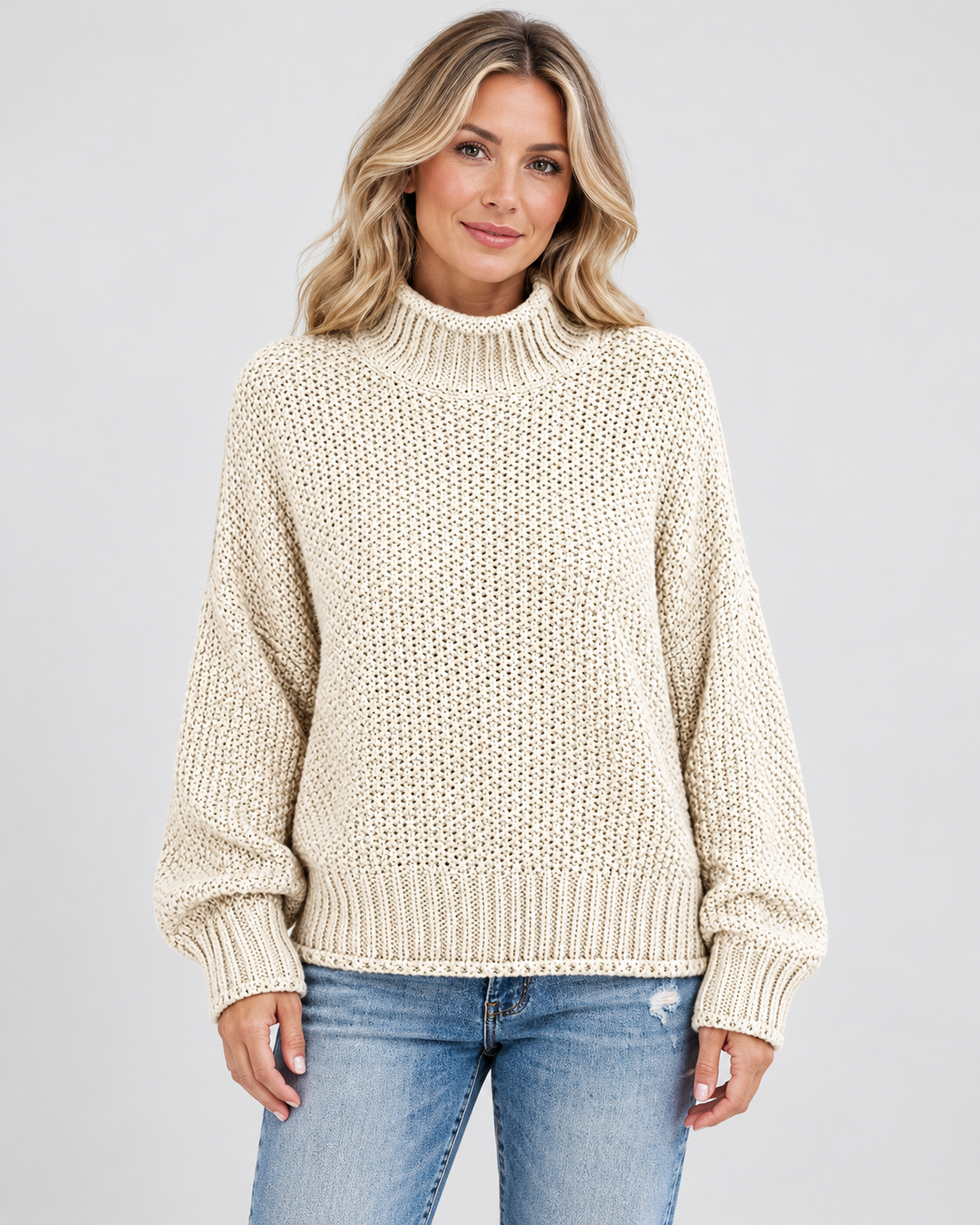 Damski sweter z golfem – gruby splot, luźny krój
