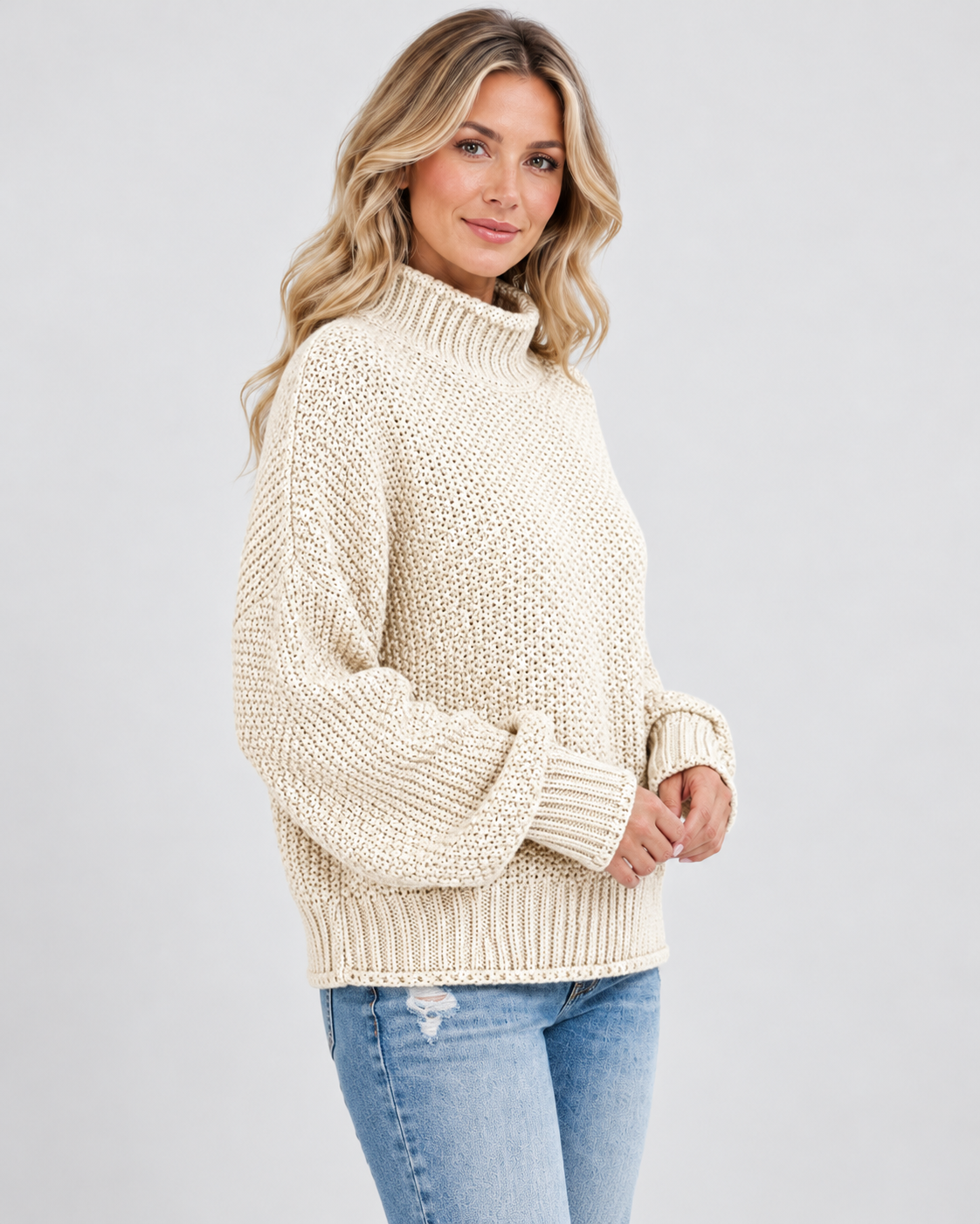 Damski sweter z golfem – gruby splot, luźny krój