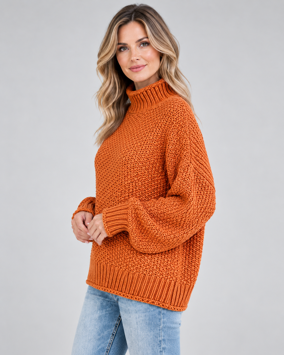 Damski sweter z golfem – gruby splot, luźny krój
