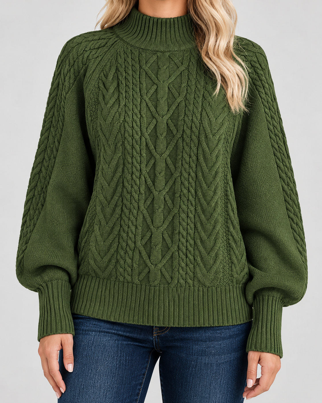 Damski sweter warkoczowy – z półgolfem, bufiaste rękawy