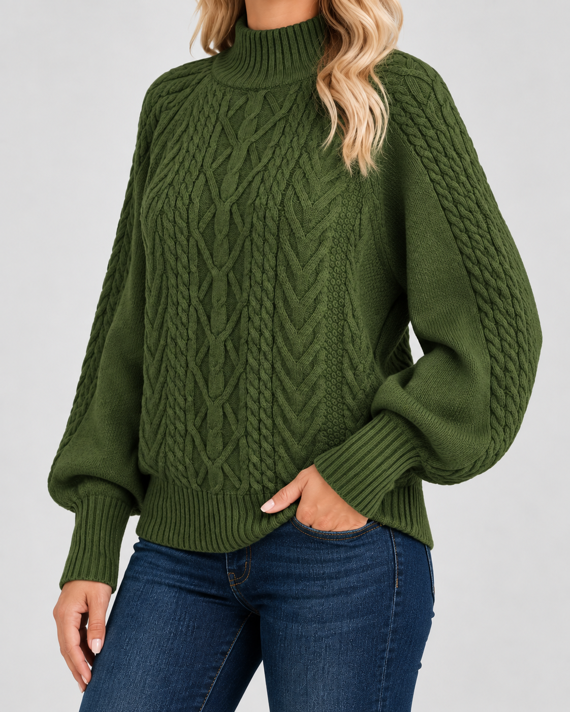Damski sweter warkoczowy – z półgolfem, bufiaste rękawy