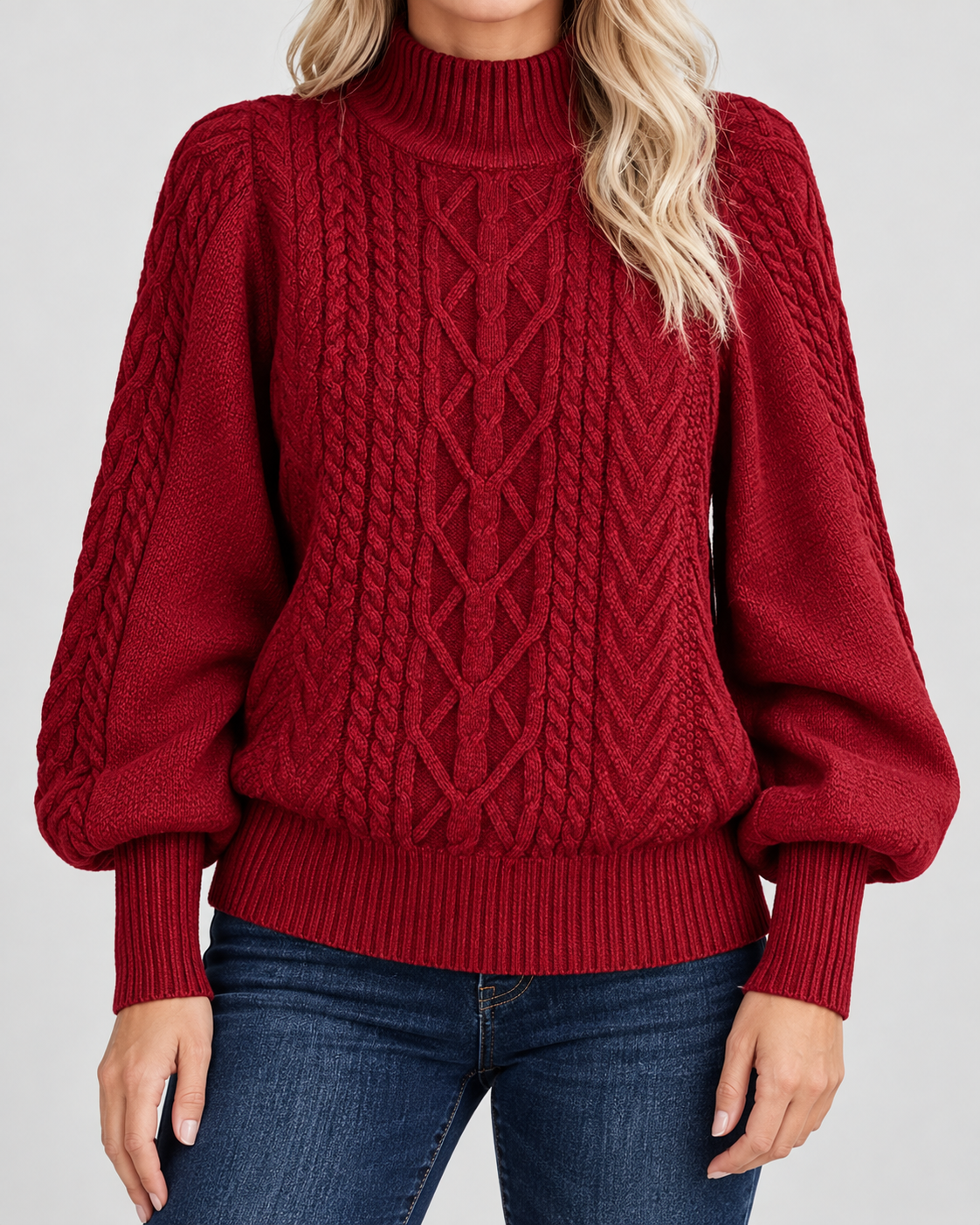 Damski sweter warkoczowy – z półgolfem, bufiaste rękawy