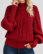 Damski sweter warkoczowy – z półgolfem, bufiaste rękawy