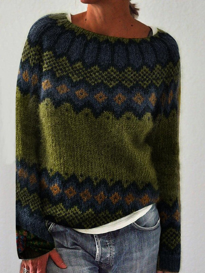 Damski sweter – wzór norweski, okrągły dekolt