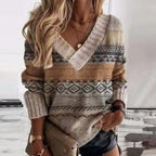 Damski sweter oversize – dekolt V, w prążki