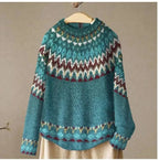 Damski sweter – wzór norweski, okrągły dekolt