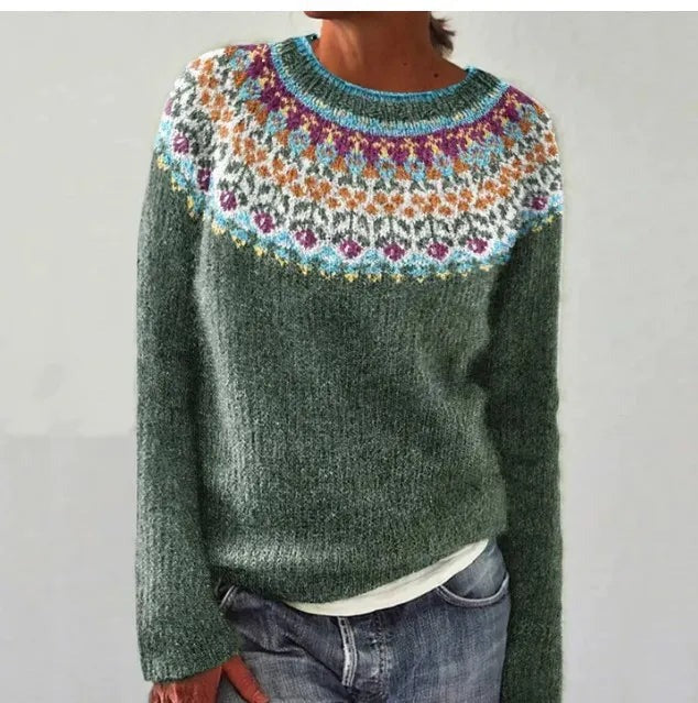 Damski sweter – wzór norweski, okrągły dekolt