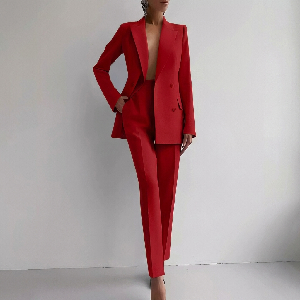 Damski garnitur dwuczęściowy – z dwurzędową marynarką, elegancki