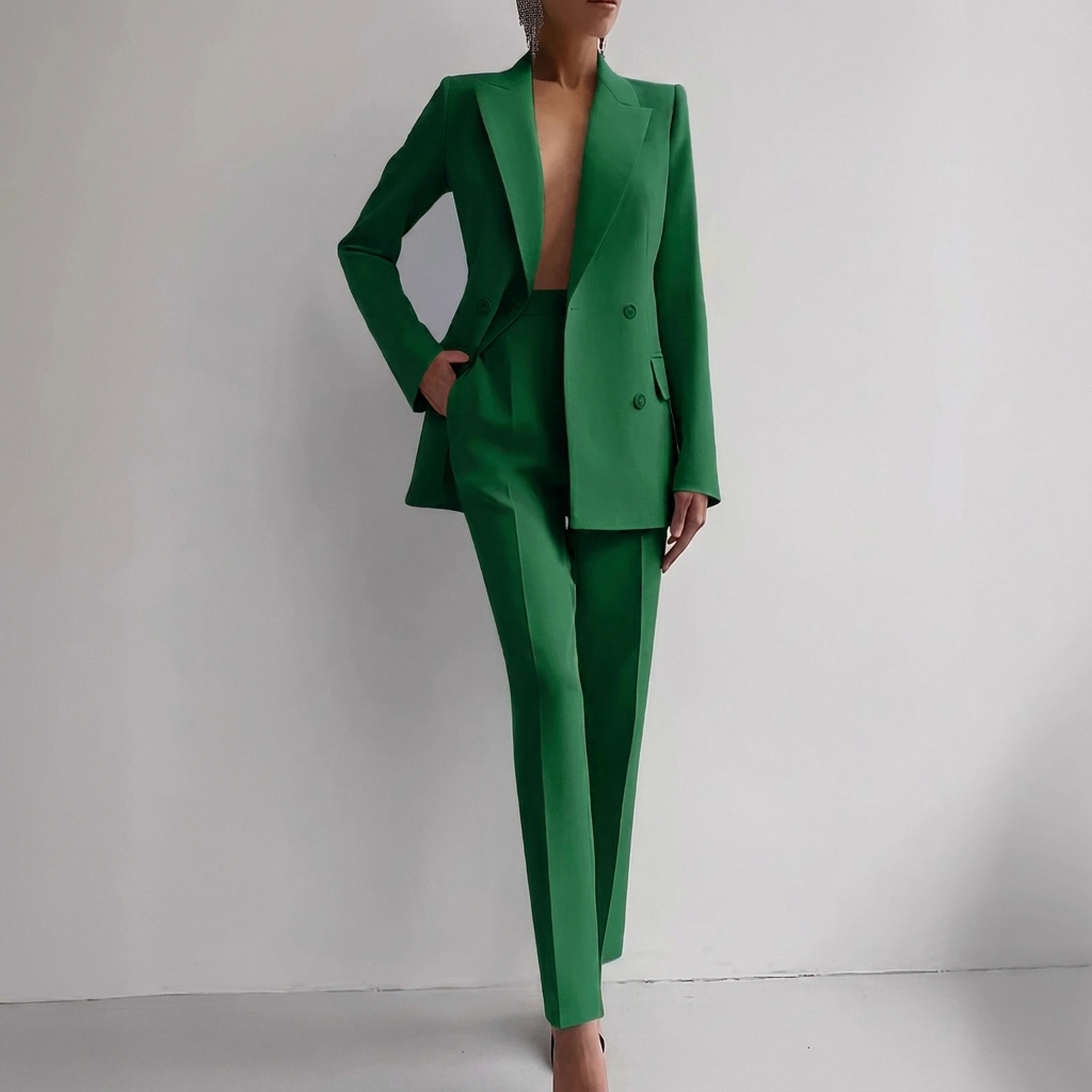 Damski garnitur dwuczęściowy – z dwurzędową marynarką, elegancki
