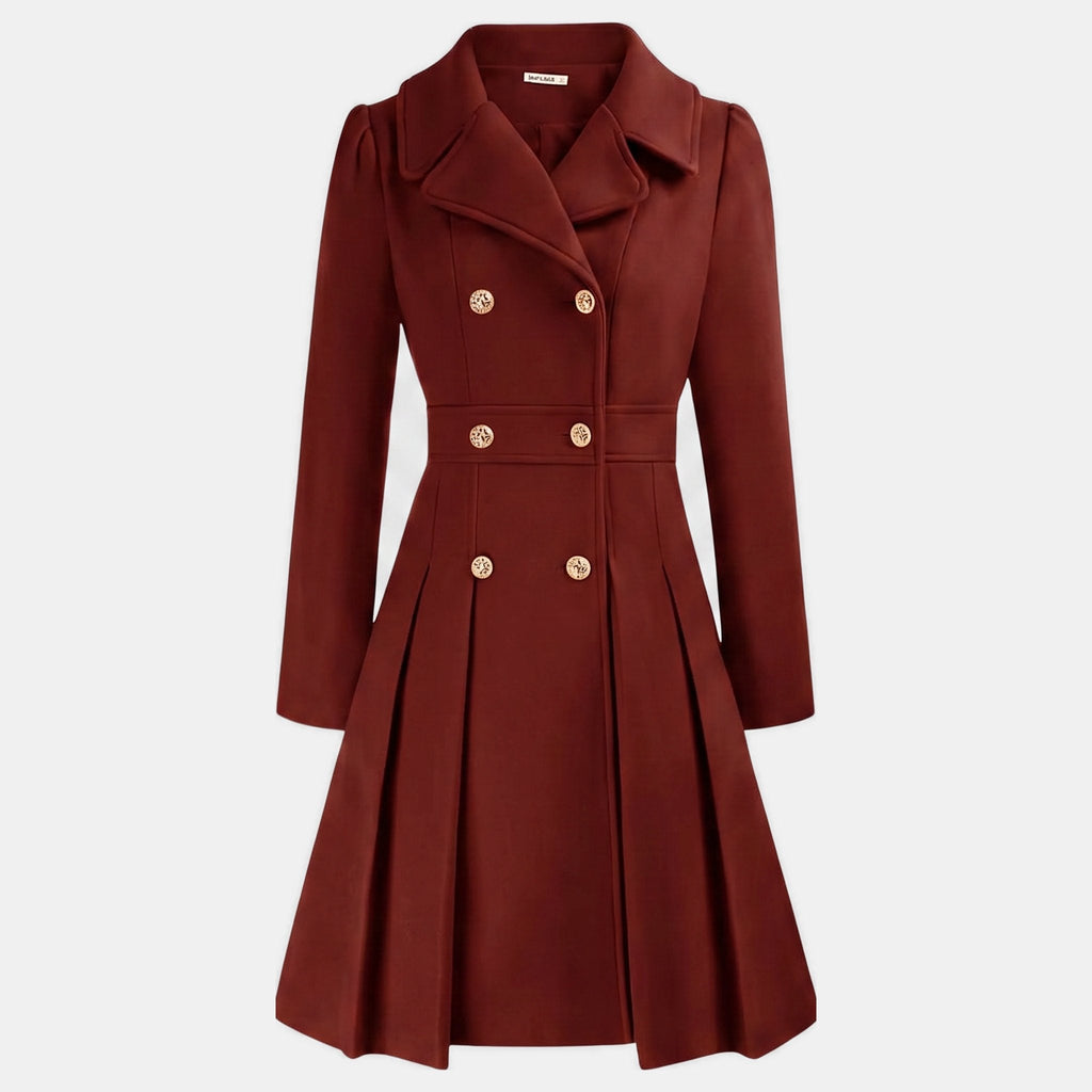 Damski płaszcz wełniany – dwurzędowy, rozkloszowany