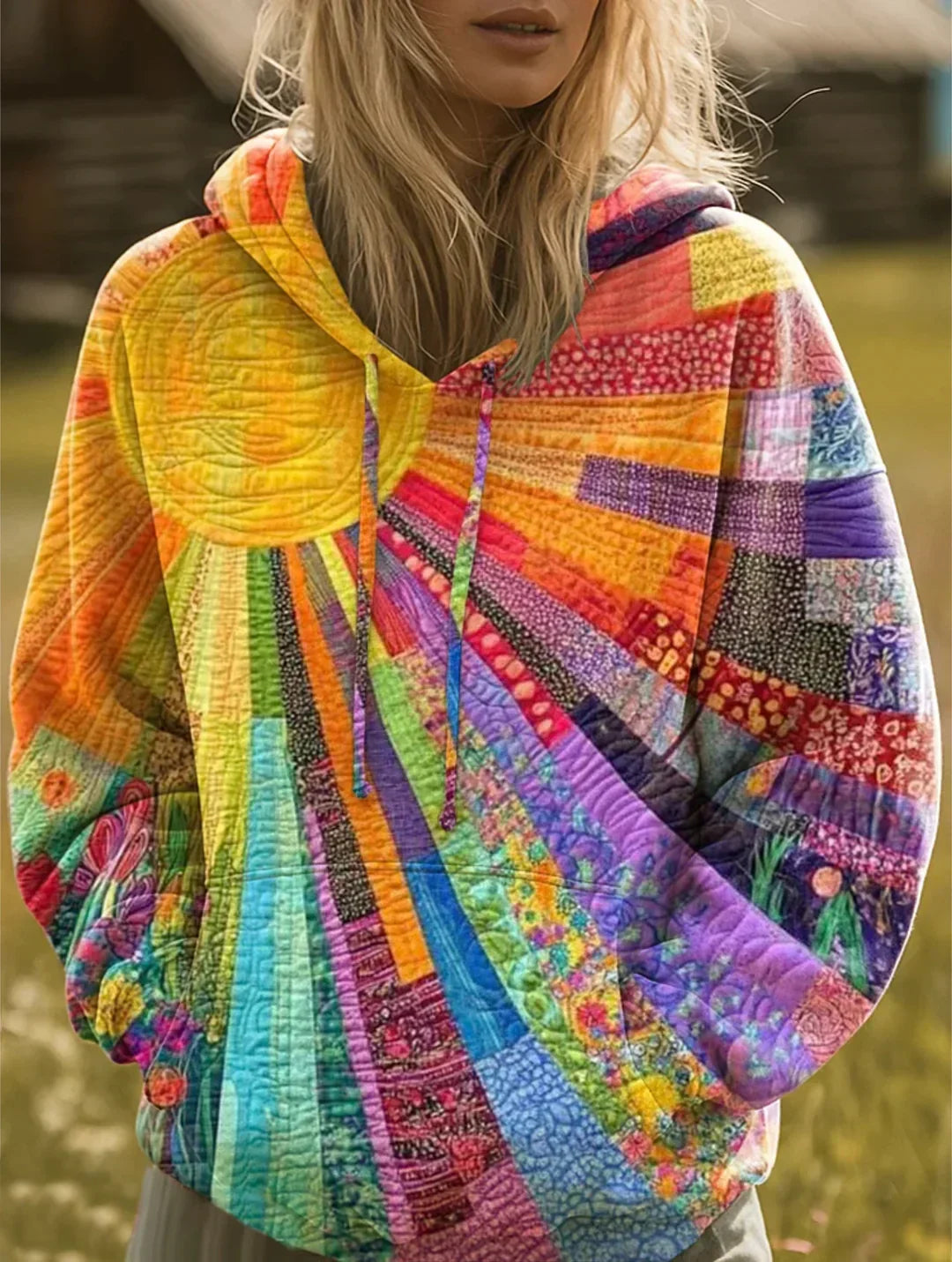 Damska bluza z kapturem – z wzorem patchwork