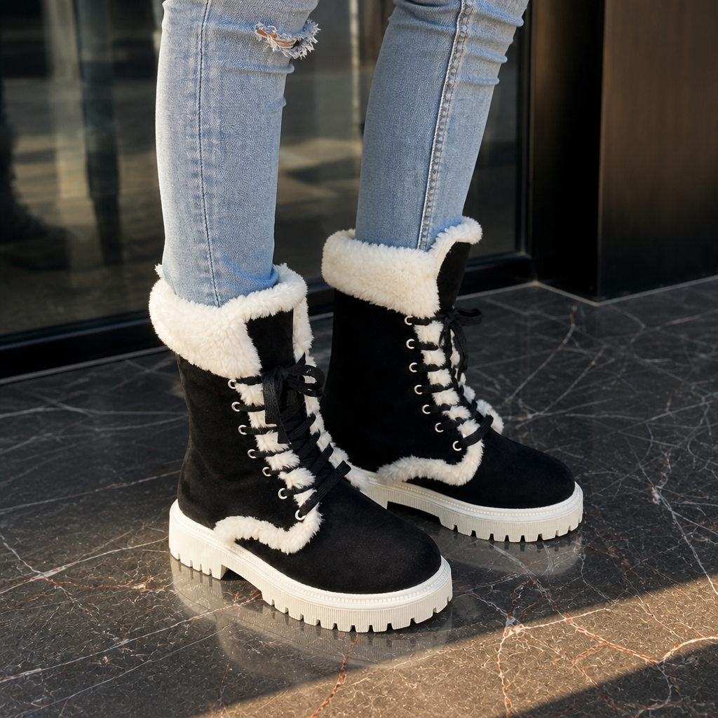 Damskie botki zimowe – sznurowane, z kożuszkiem, gruba podeszwa