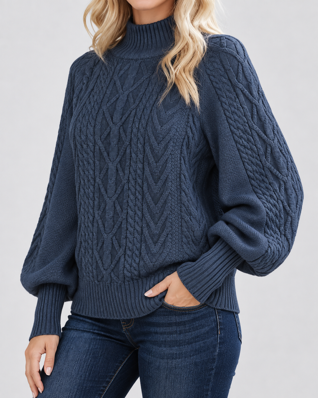 Damski sweter warkoczowy – z półgolfem, bufiaste rękawy