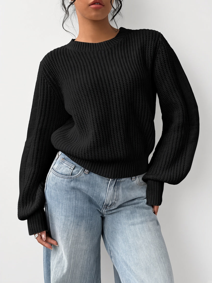 Damski sweter oversize – prążkowany, bufiaste rękawy