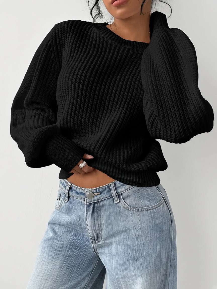 Damski sweter oversize – prążkowany, bufiaste rękawy