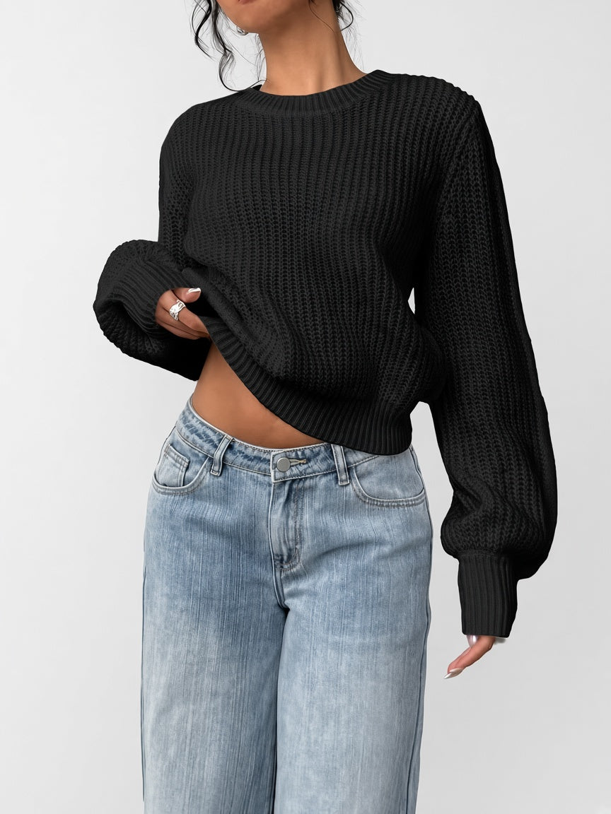 Damski sweter oversize – prążkowany, bufiaste rękawy