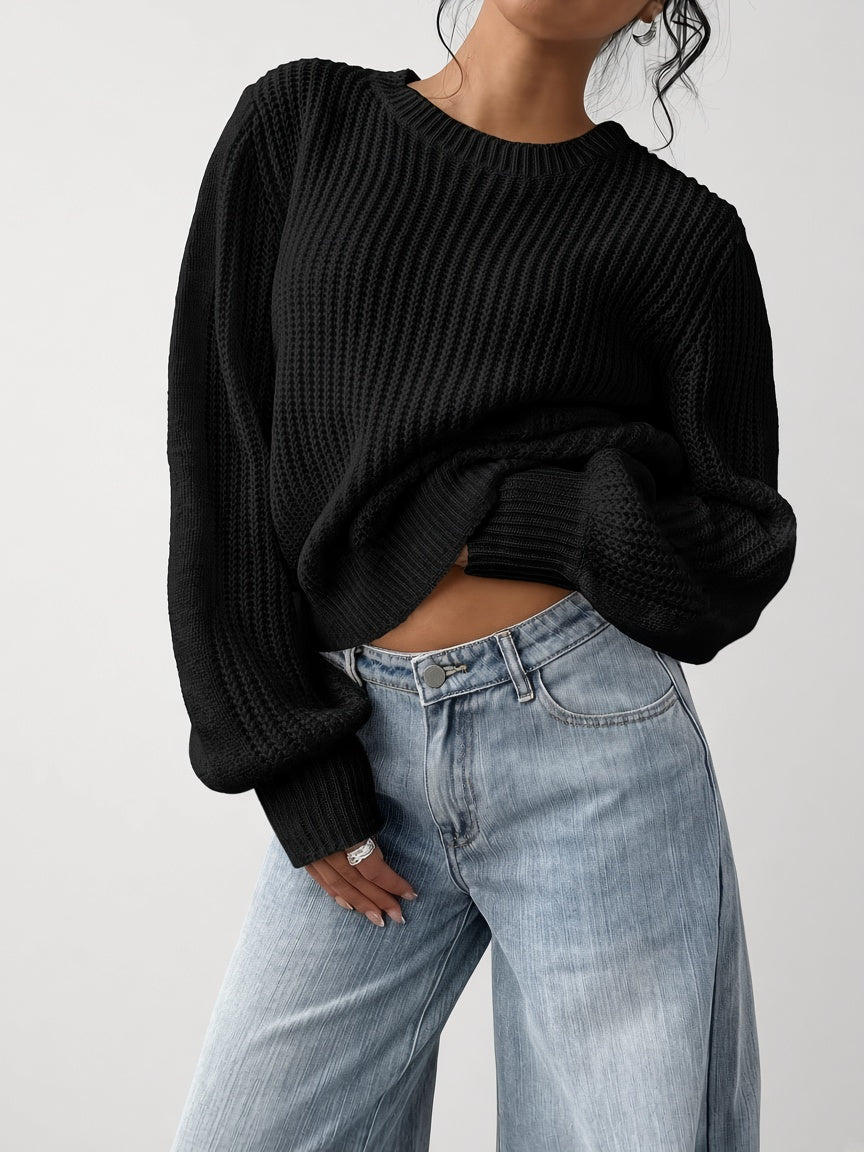 Damski sweter oversize – prążkowany, bufiaste rękawy