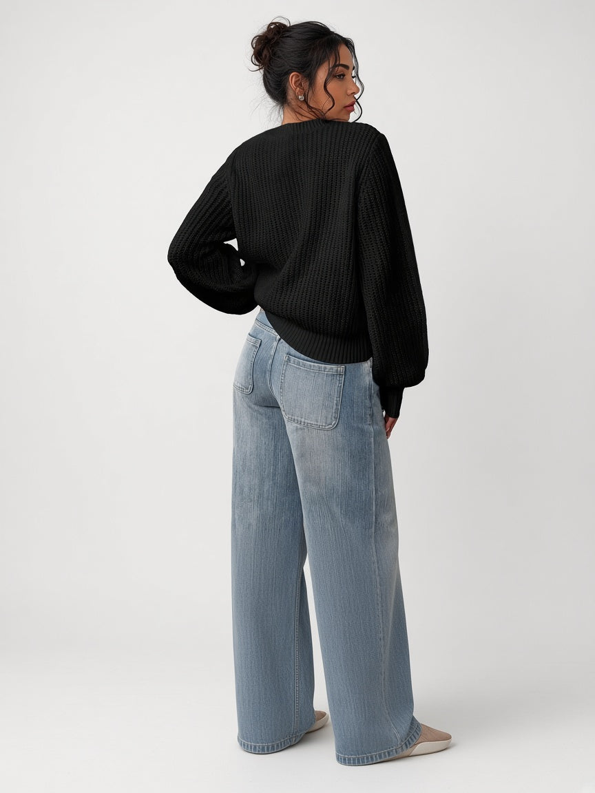 Damski sweter oversize – prążkowany, bufiaste rękawy