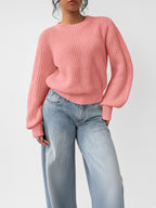 Damski sweter oversize – prążkowany, bufiaste rękawy